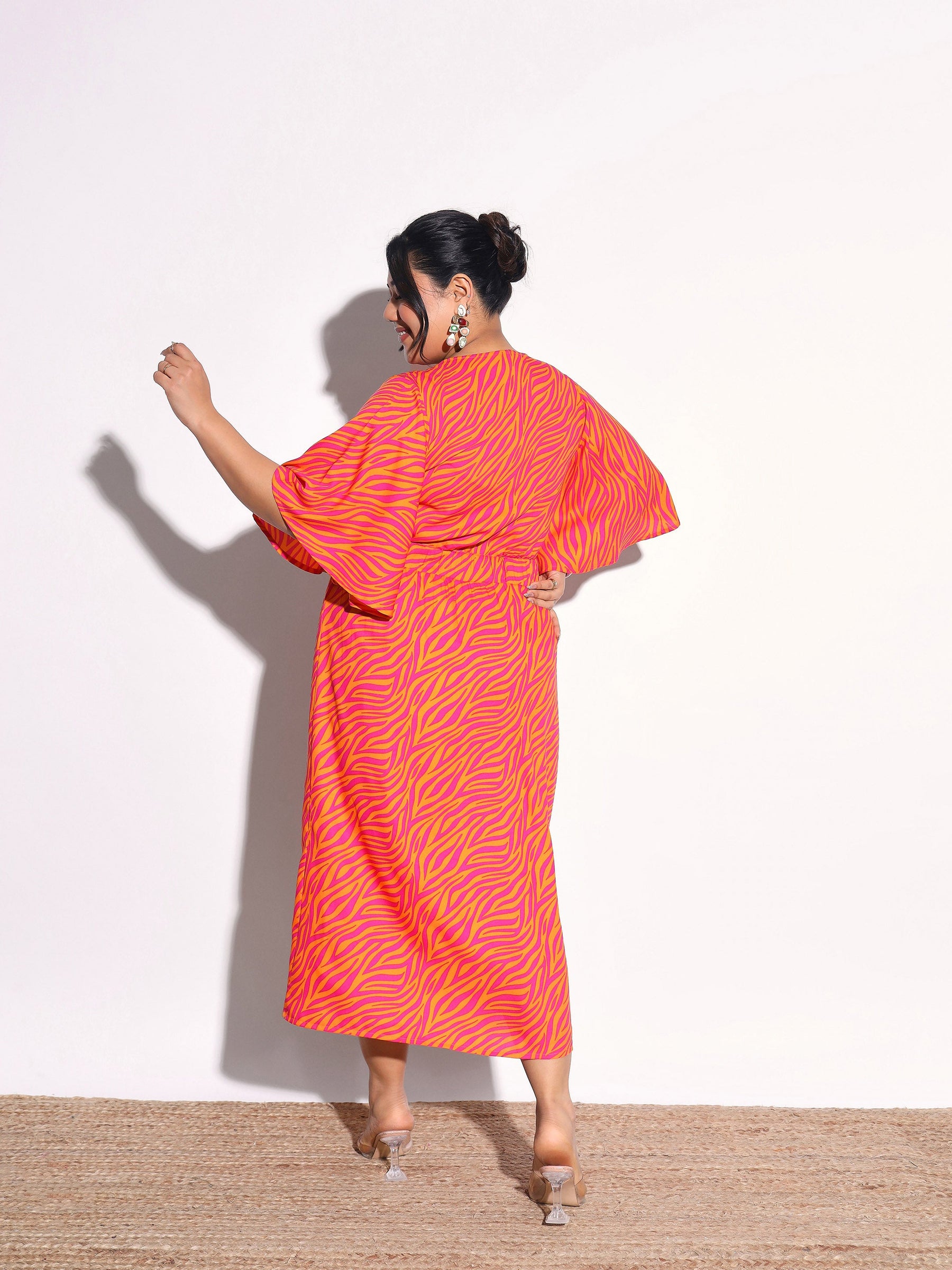 Orange Printed Front Slit Midi Dress-SASSAFRAS Curve