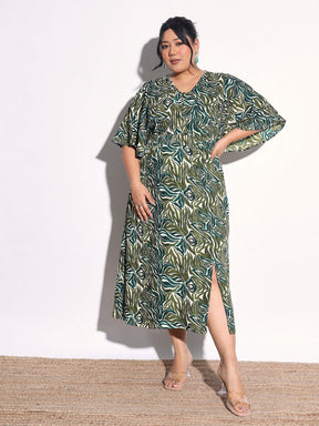 Green Printed Front Slit Midi Dress-SASSAFRAS Curve