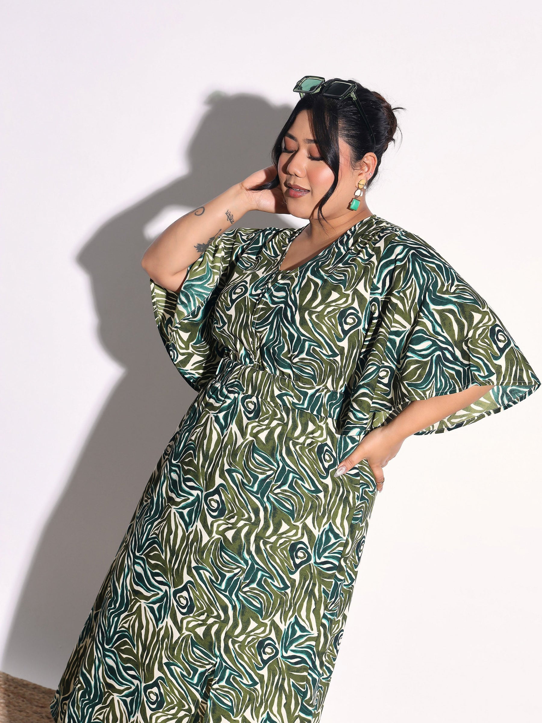Green Printed Front Slit Midi Dress-SASSAFRAS Curve