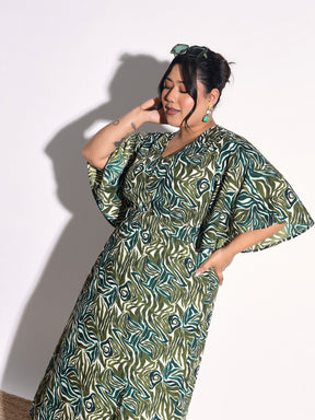 Green Printed Front Slit Midi Dress-SASSAFRAS Curve