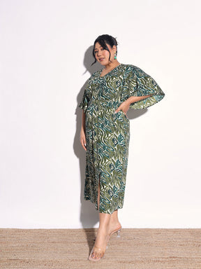 Green Printed Front Slit Midi Dress-SASSAFRAS Curve