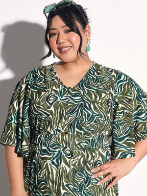 Green Printed Front Slit Midi Dress-SASSAFRAS Curve