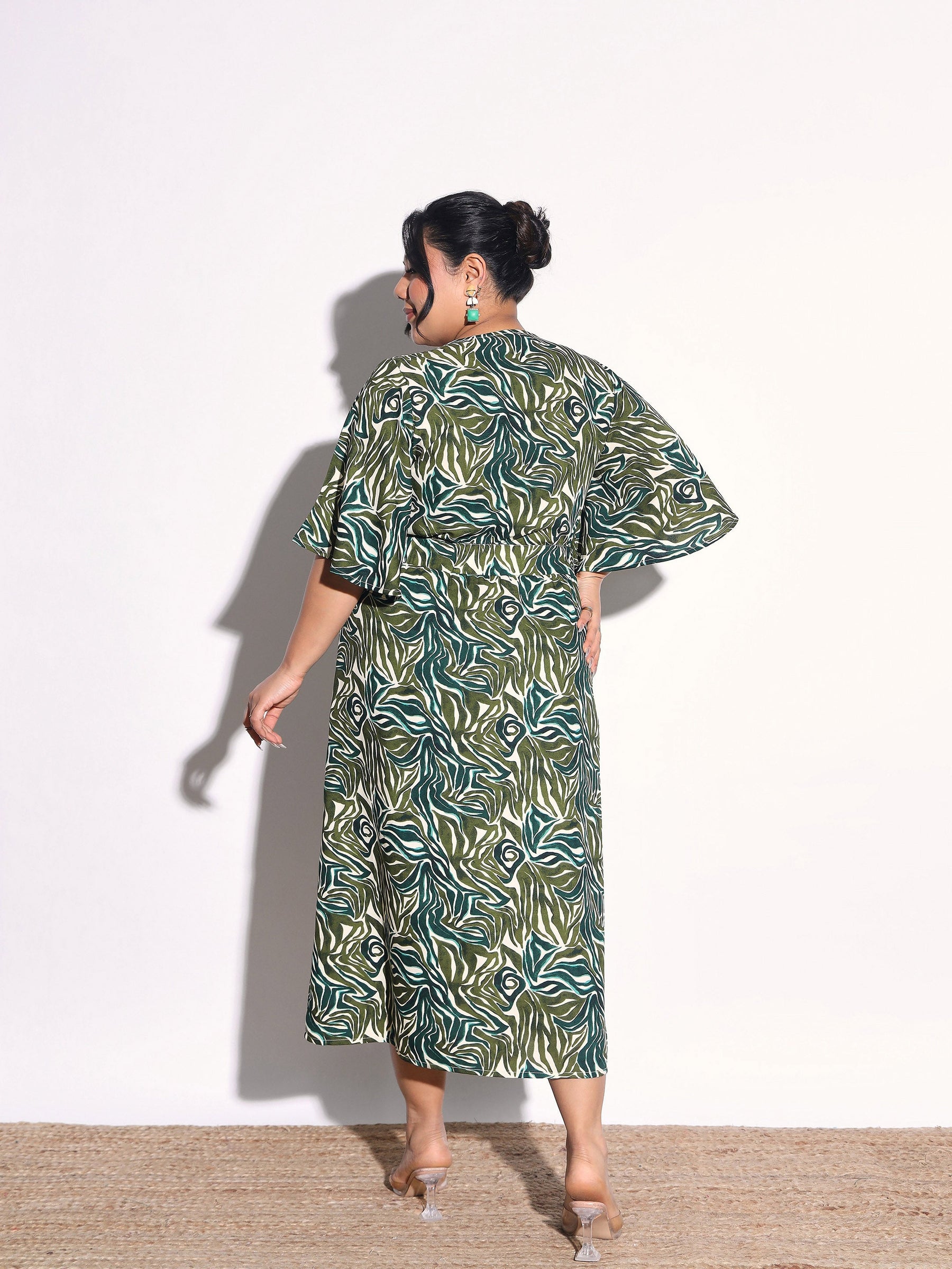 Green Printed Front Slit Midi Dress-SASSAFRAS Curve