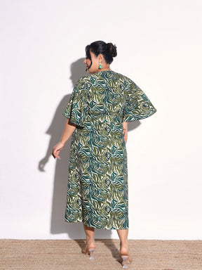 Green Printed Front Slit Midi Dress-SASSAFRAS Curve