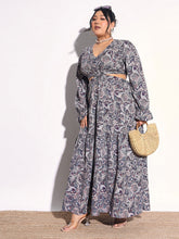 Blue Paisley Waist Cut-Out Maxi Dress-SASSAFRAS Curve