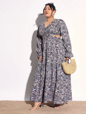 Blue Paisley Waist Cut-Out Maxi Dress-SASSAFRAS Curve