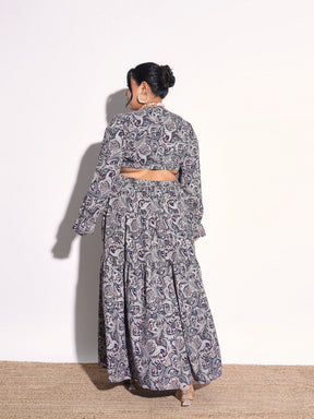 Blue Paisley Waist Cut-Out Maxi Dress-SASSAFRAS Curve
