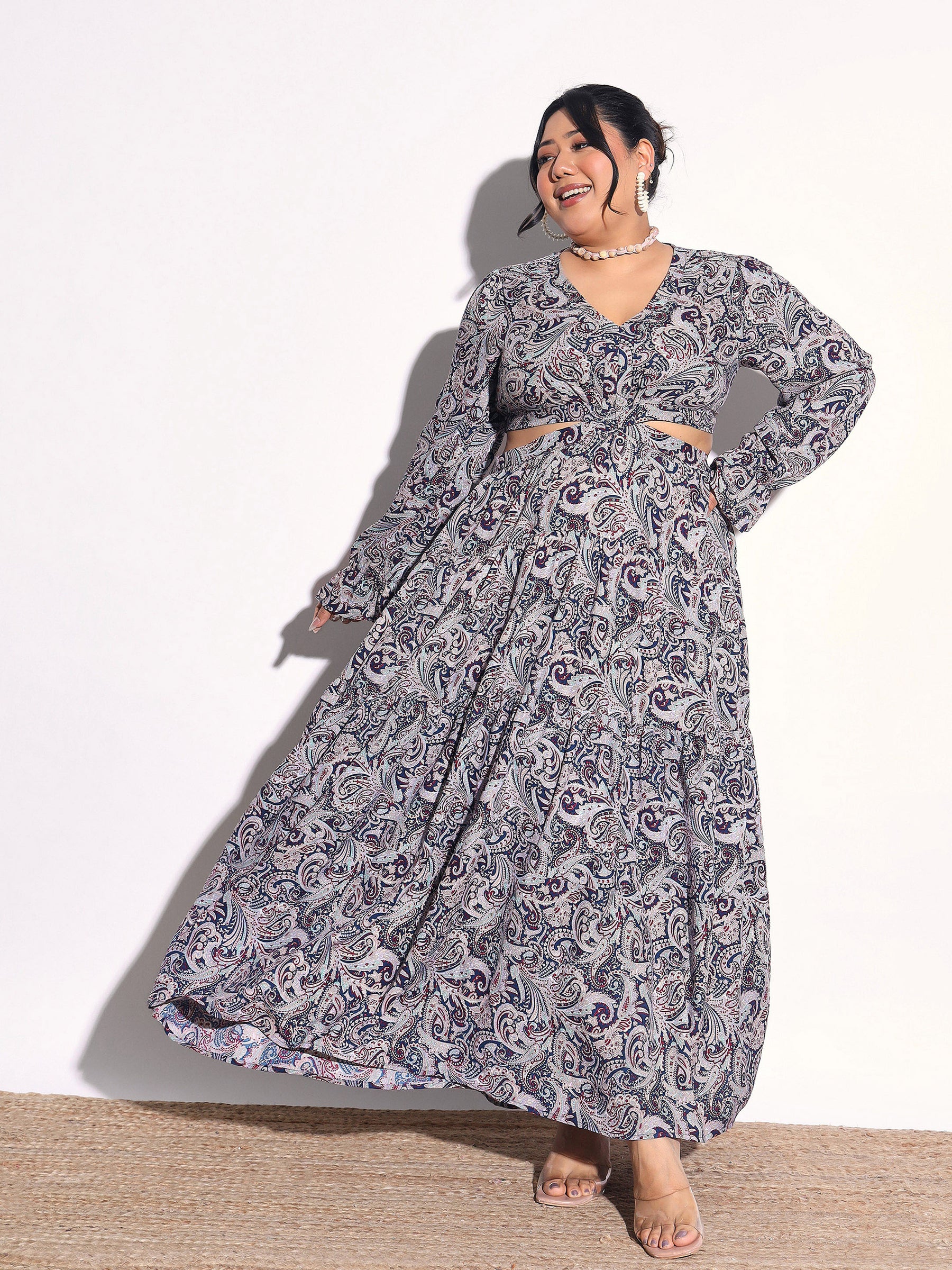 Women Blue Paisley Waist Cut-Out Maxi Dress