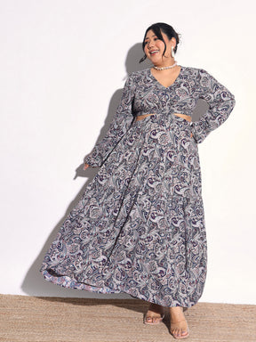 Women Blue Paisley Waist Cut-Out Maxi Dress