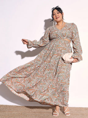 Pink Paisley Waist Cut-Out Maxi Dress-SASSAFRAS Curve