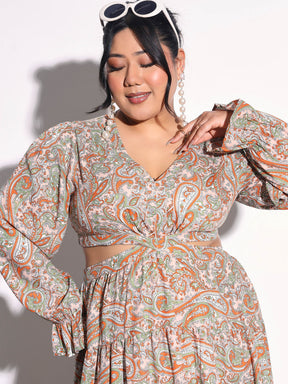 Pink Paisley Waist Cut-Out Maxi Dress-SASSAFRAS Curve