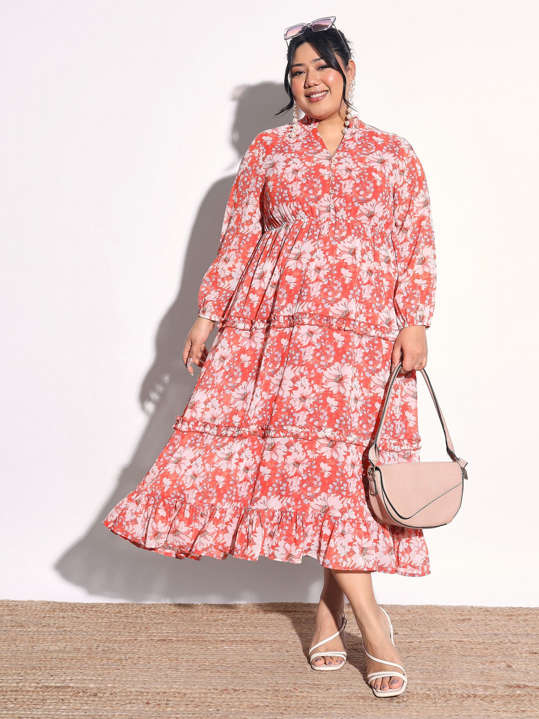 Orange Floral V-Neck Tiered Maxi Dress-SASSAFRAS Curve