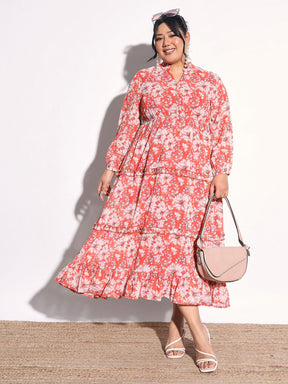 Orange Floral V-Neck Tiered Maxi Dress-SASSAFRAS Curve
