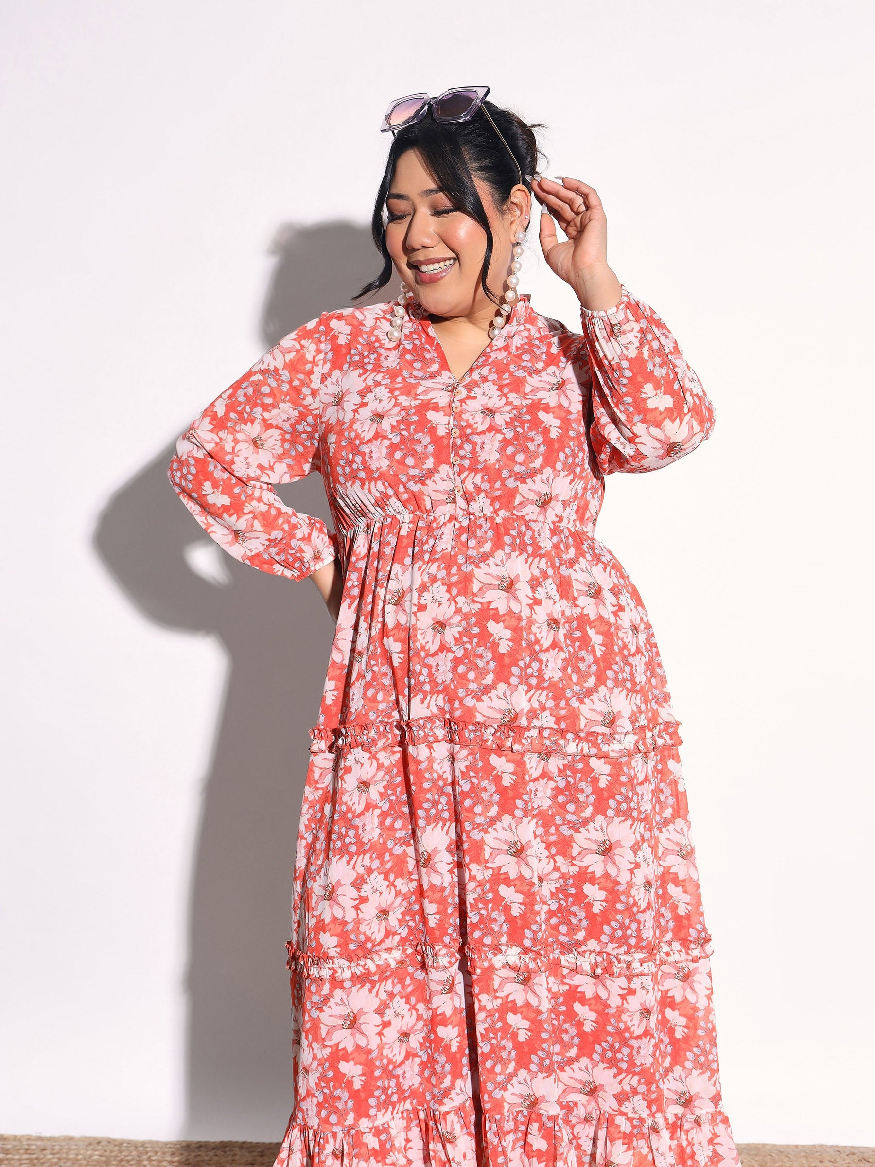 Orange Floral V-Neck Tiered Maxi Dress-SASSAFRAS Curve