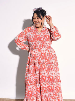 Orange Floral V-Neck Tiered Maxi Dress-SASSAFRAS Curve