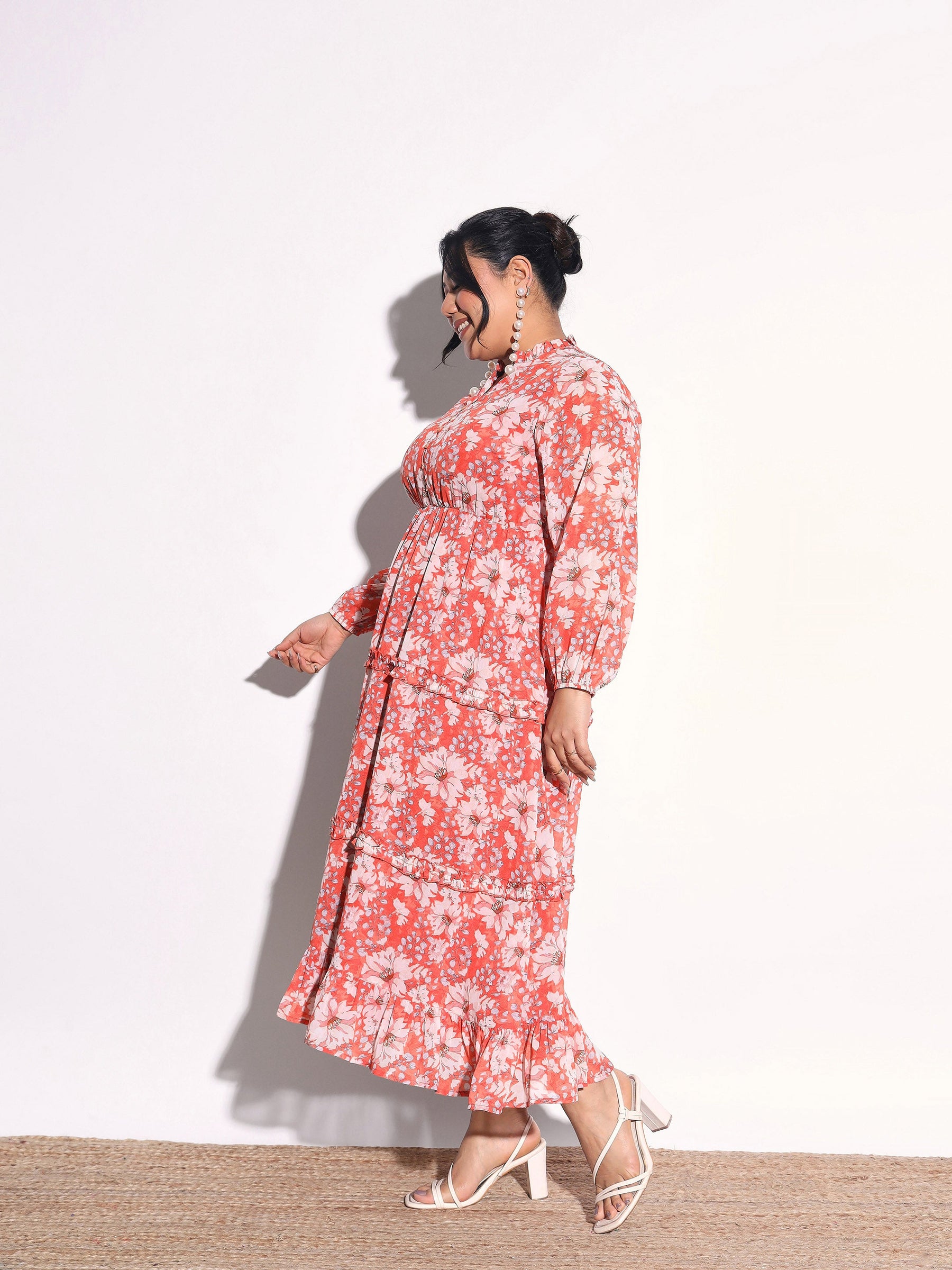 Orange Floral V-Neck Tiered Maxi Dress-SASSAFRAS Curve