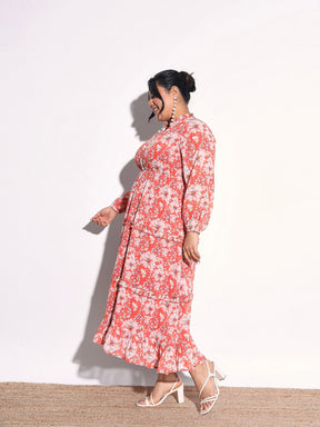 Orange Floral V-Neck Tiered Maxi Dress-SASSAFRAS Curve