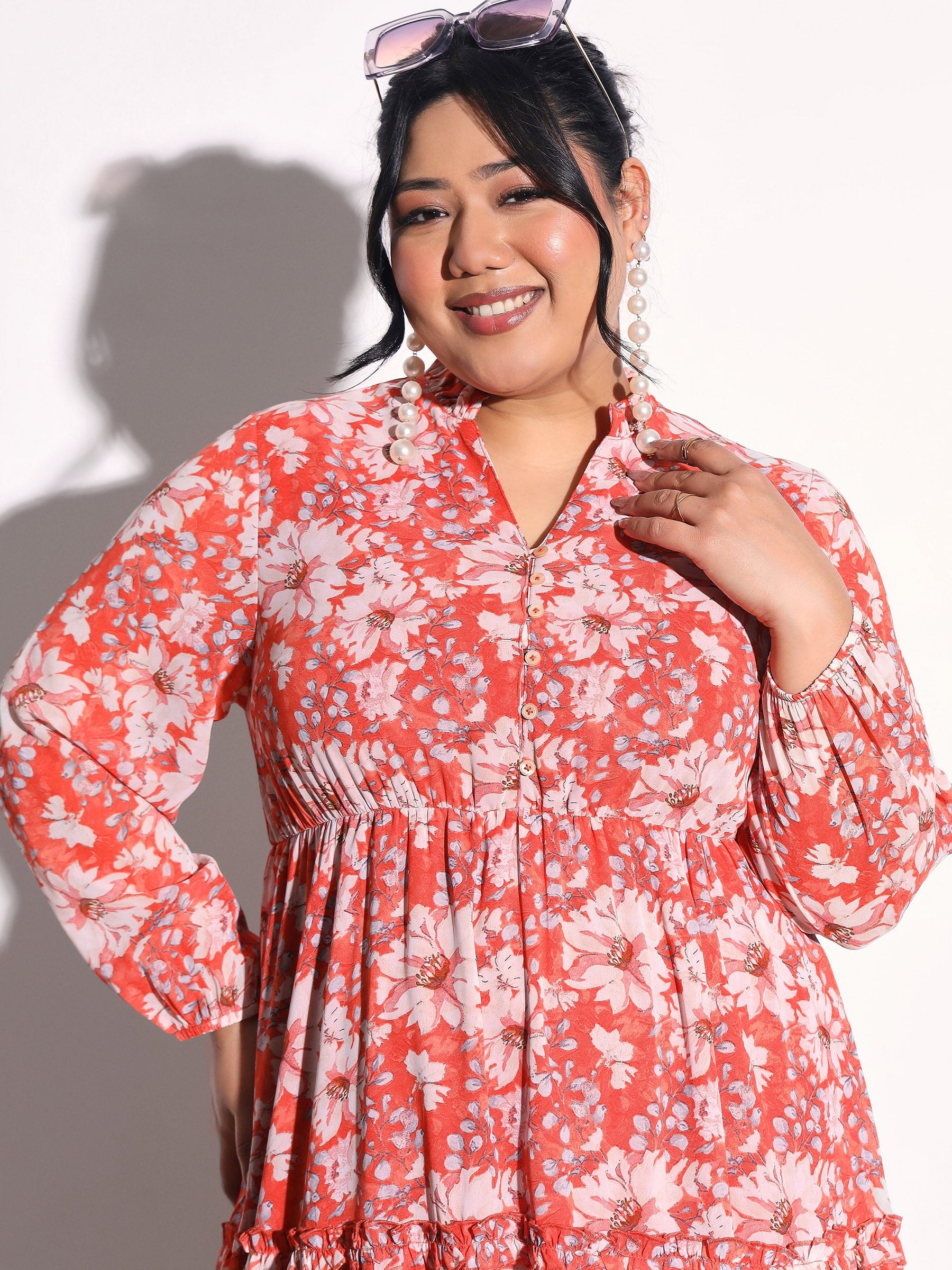Orange Floral V-Neck Tiered Maxi Dress-SASSAFRAS Curve