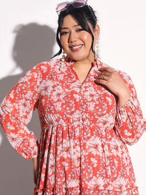 Orange Floral V-Neck Tiered Maxi Dress-SASSAFRAS Curve