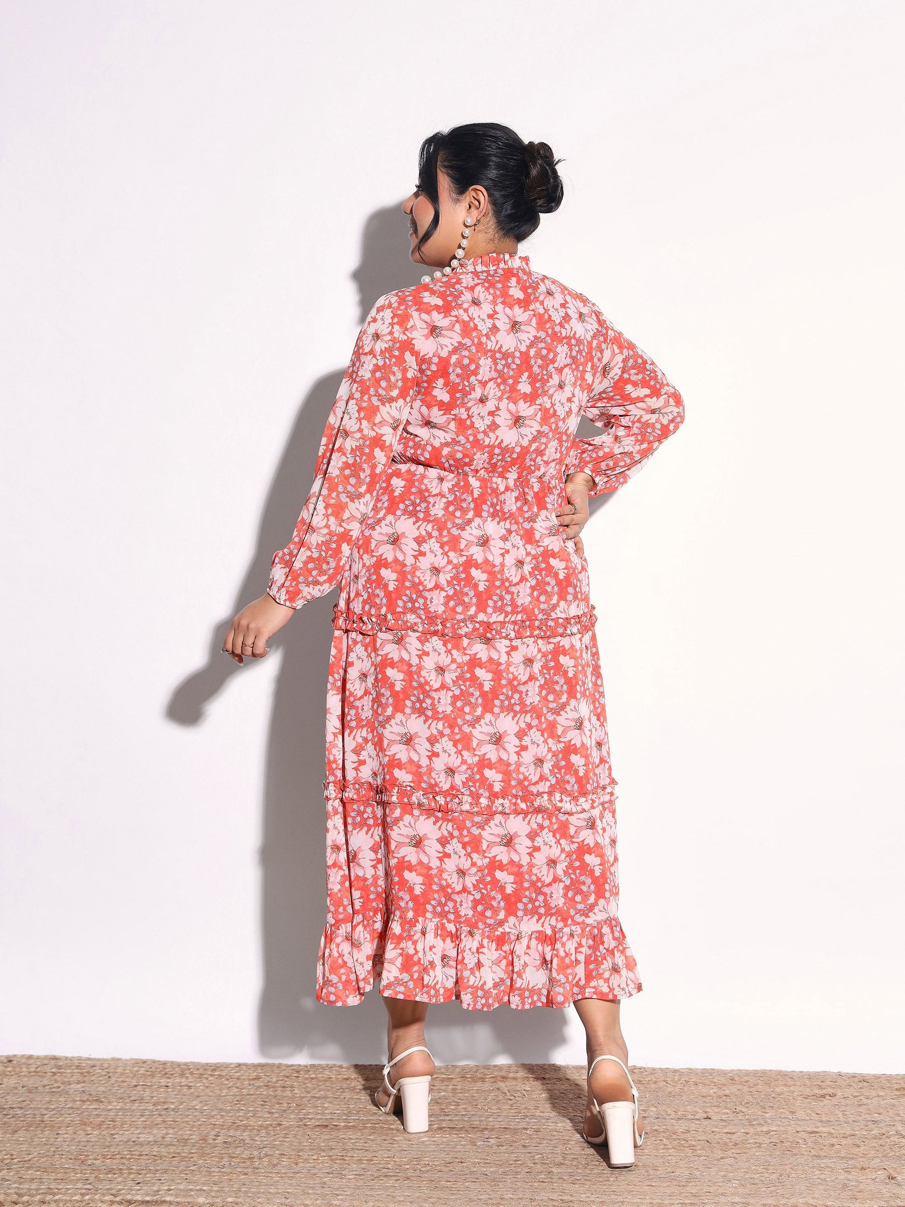 Orange Floral V-Neck Tiered Maxi Dress-SASSAFRAS Curve