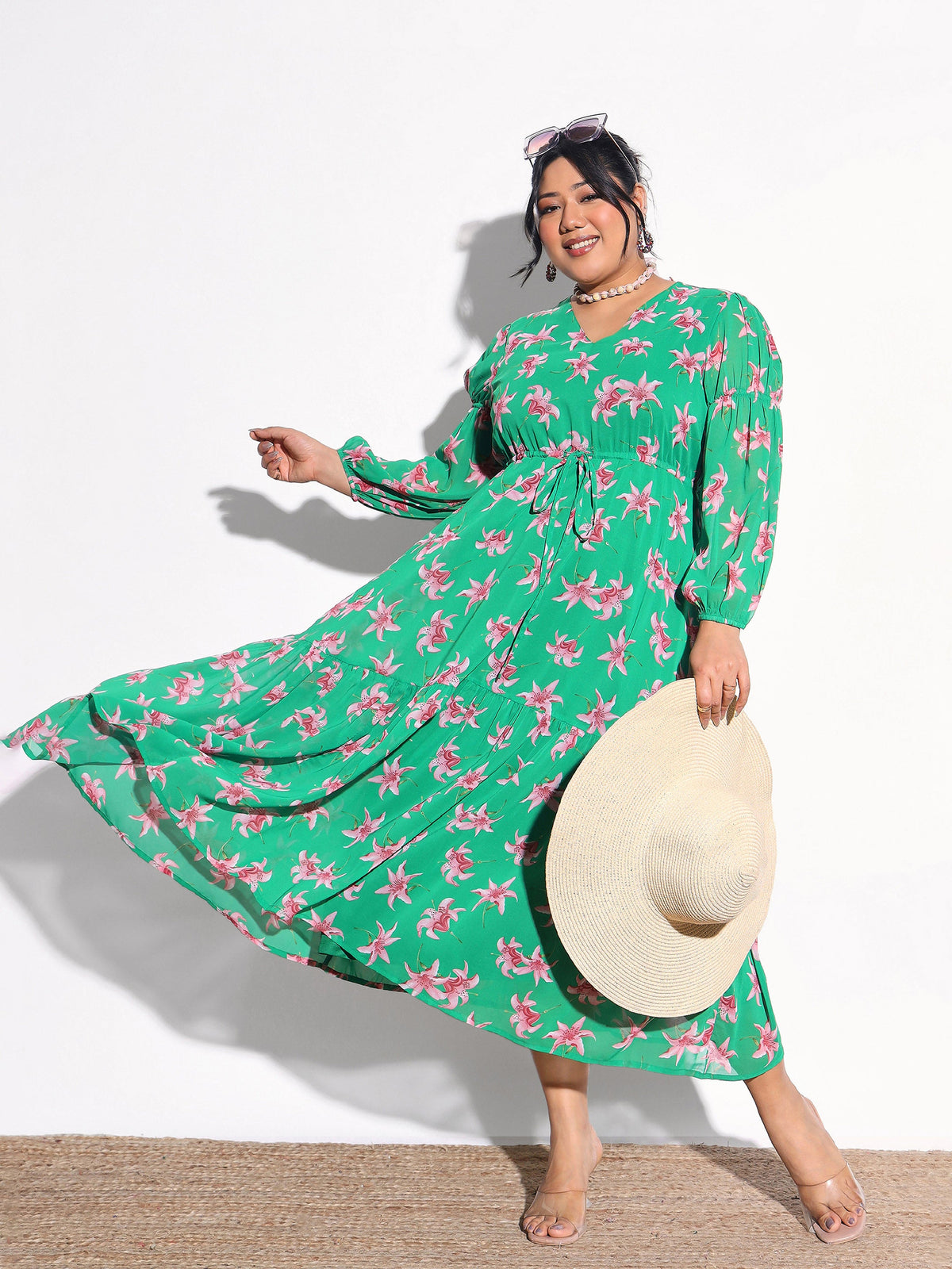 Green Floral Tiered Drawstring Midi Dress-SASSAFRAS Curve
