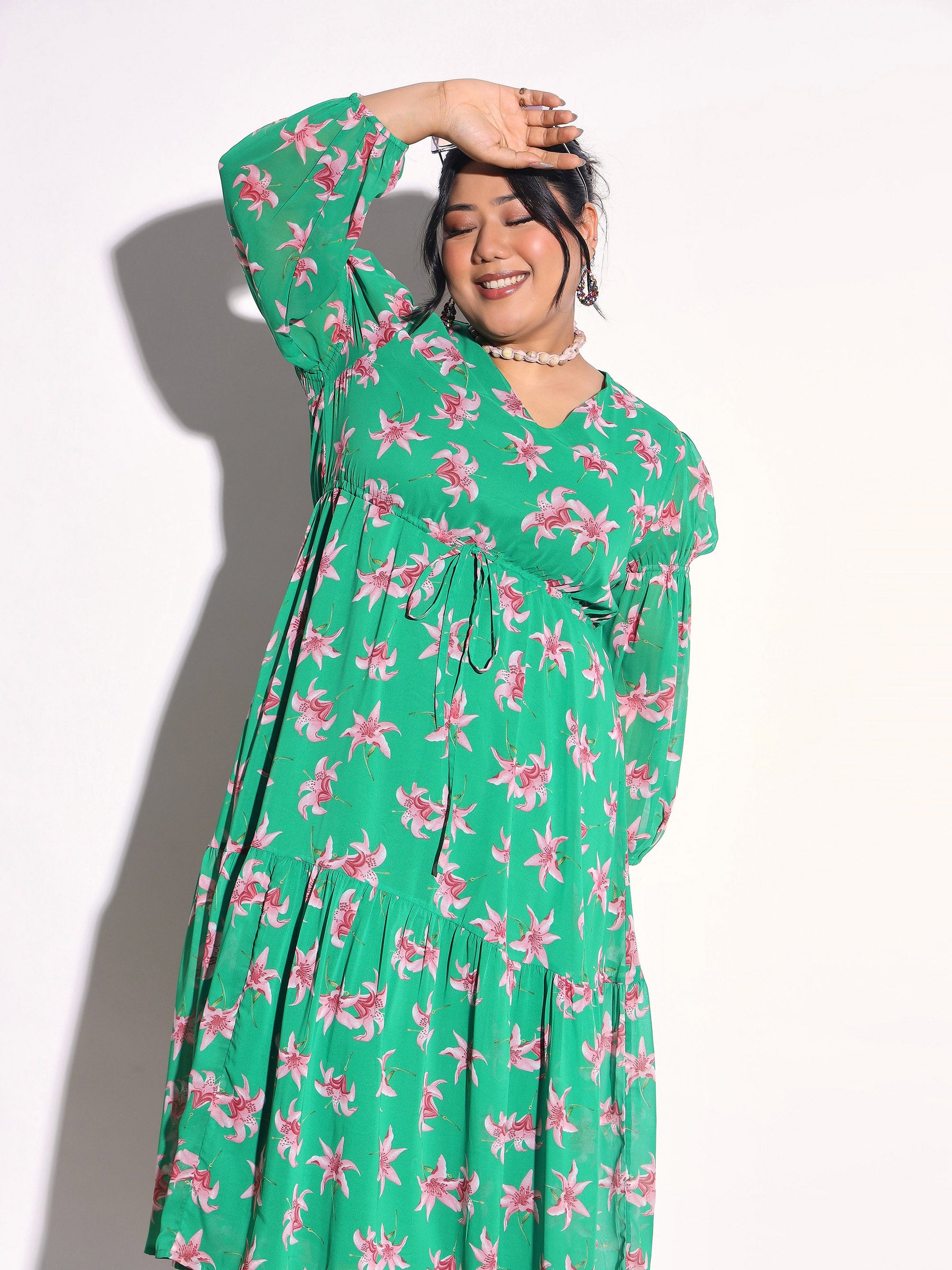 Green Floral Tiered Drawstring Midi Dress-SASSAFRAS Curve