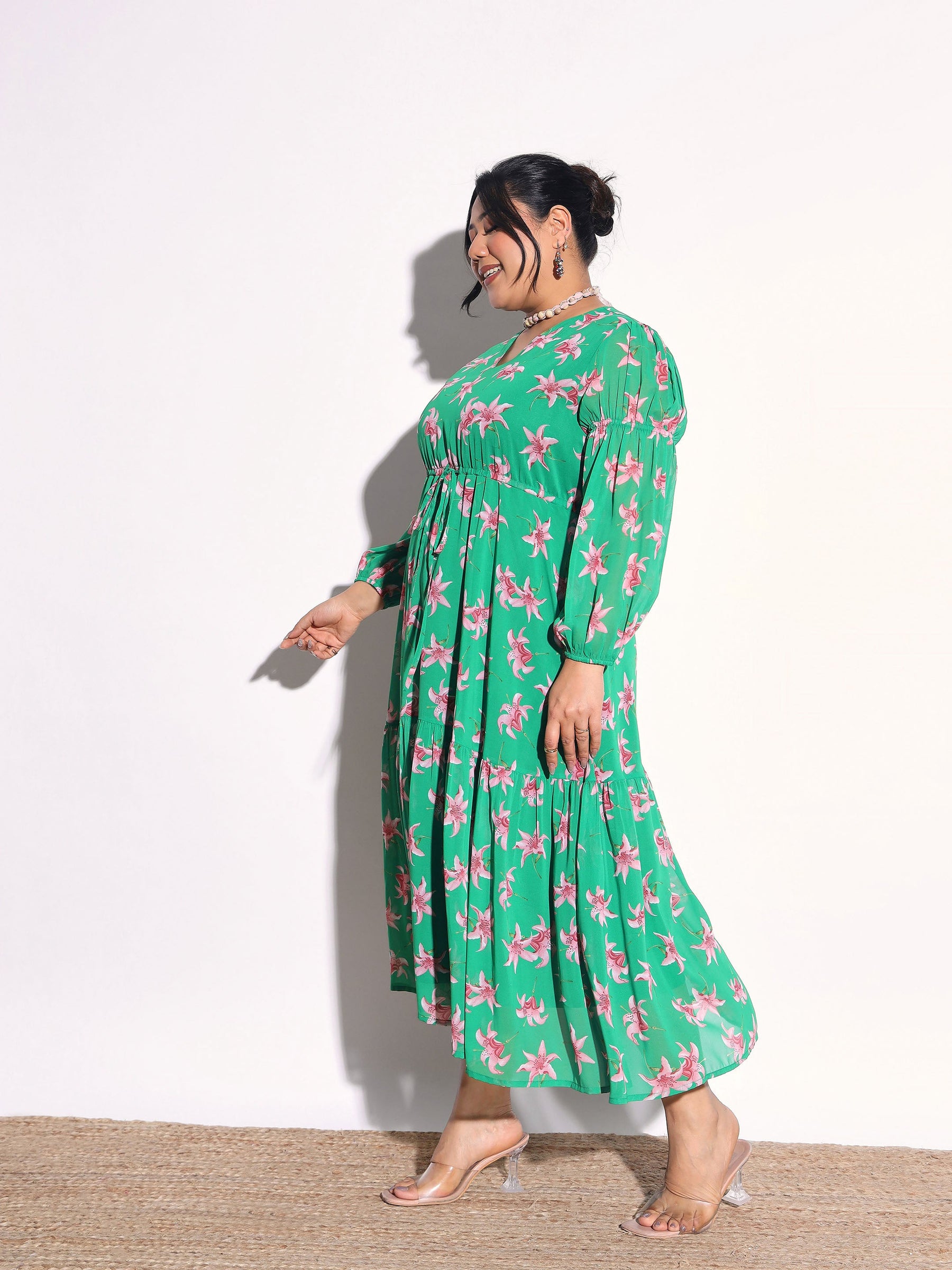 Green Floral Tiered Drawstring Midi Dress-SASSAFRAS Curve