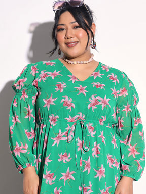 Green Floral Tiered Drawstring Midi Dress-SASSAFRAS Curve