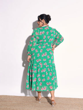Green Floral Tiered Drawstring Midi Dress-SASSAFRAS Curve