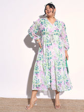 Green & White Floral Tiered Drawstring Midi Dress-SASSAFRAS Curve