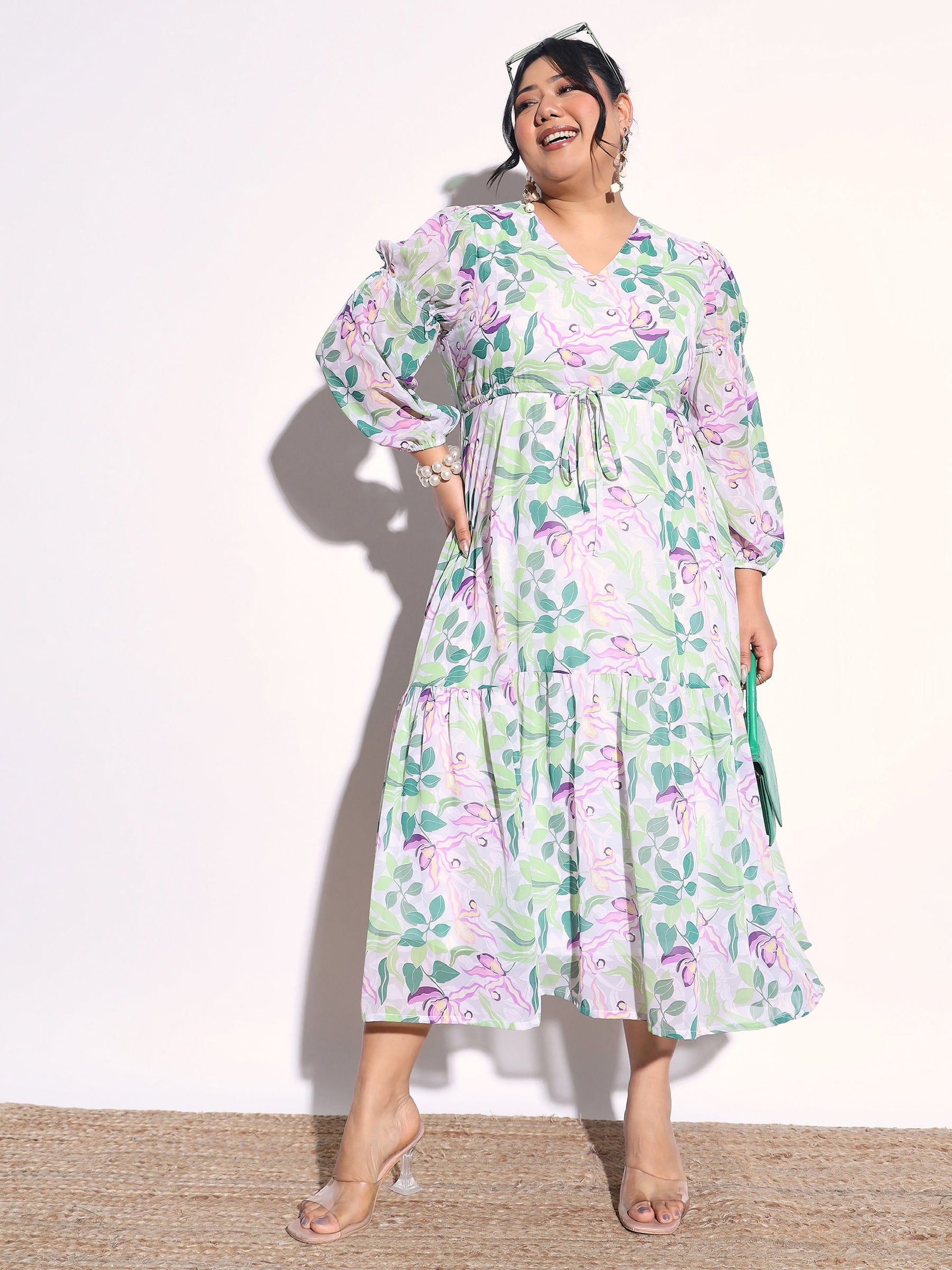 Green & White Floral Tiered Drawstring Midi Dress-SASSAFRAS Curve
