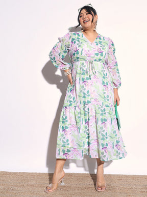 Green & White Floral Tiered Drawstring Midi Dress-SASSAFRAS Curve
