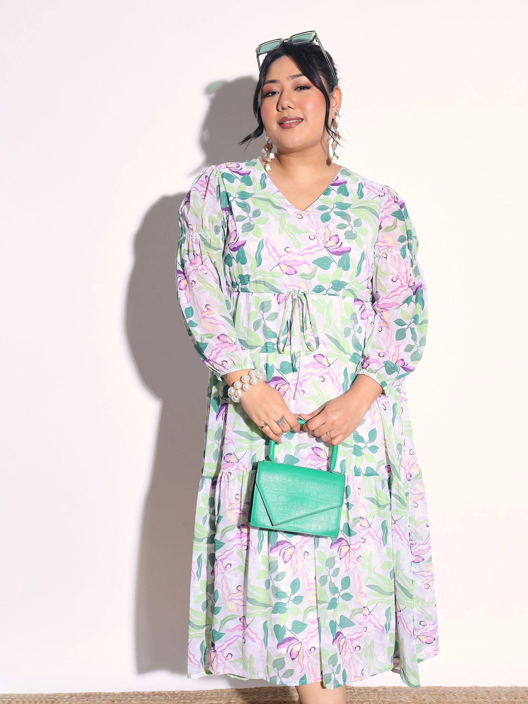 Green & White Floral Tiered Drawstring Midi Dress-SASSAFRAS Curve