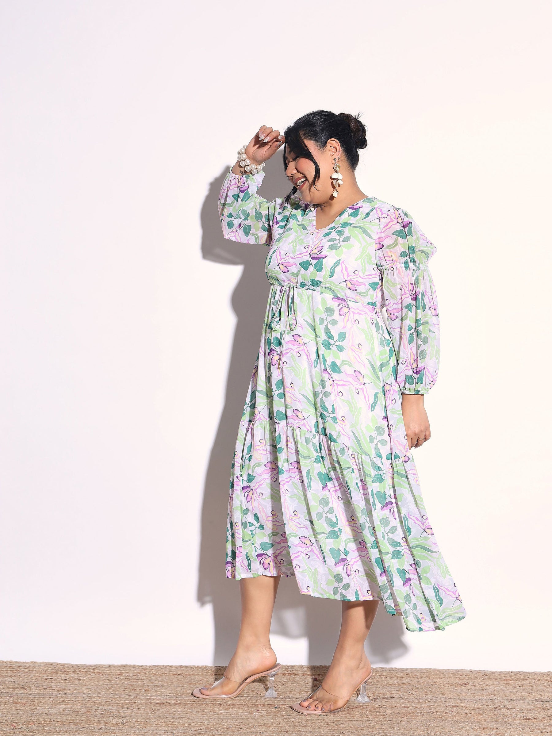 Green & White Floral Tiered Drawstring Midi Dress-SASSAFRAS Curve