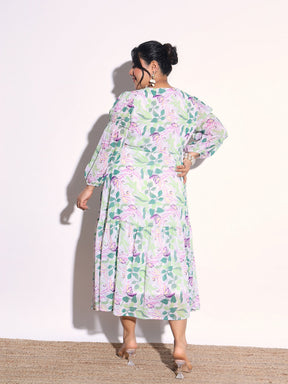 Green & White Floral Tiered Drawstring Midi Dress-SASSAFRAS Curve