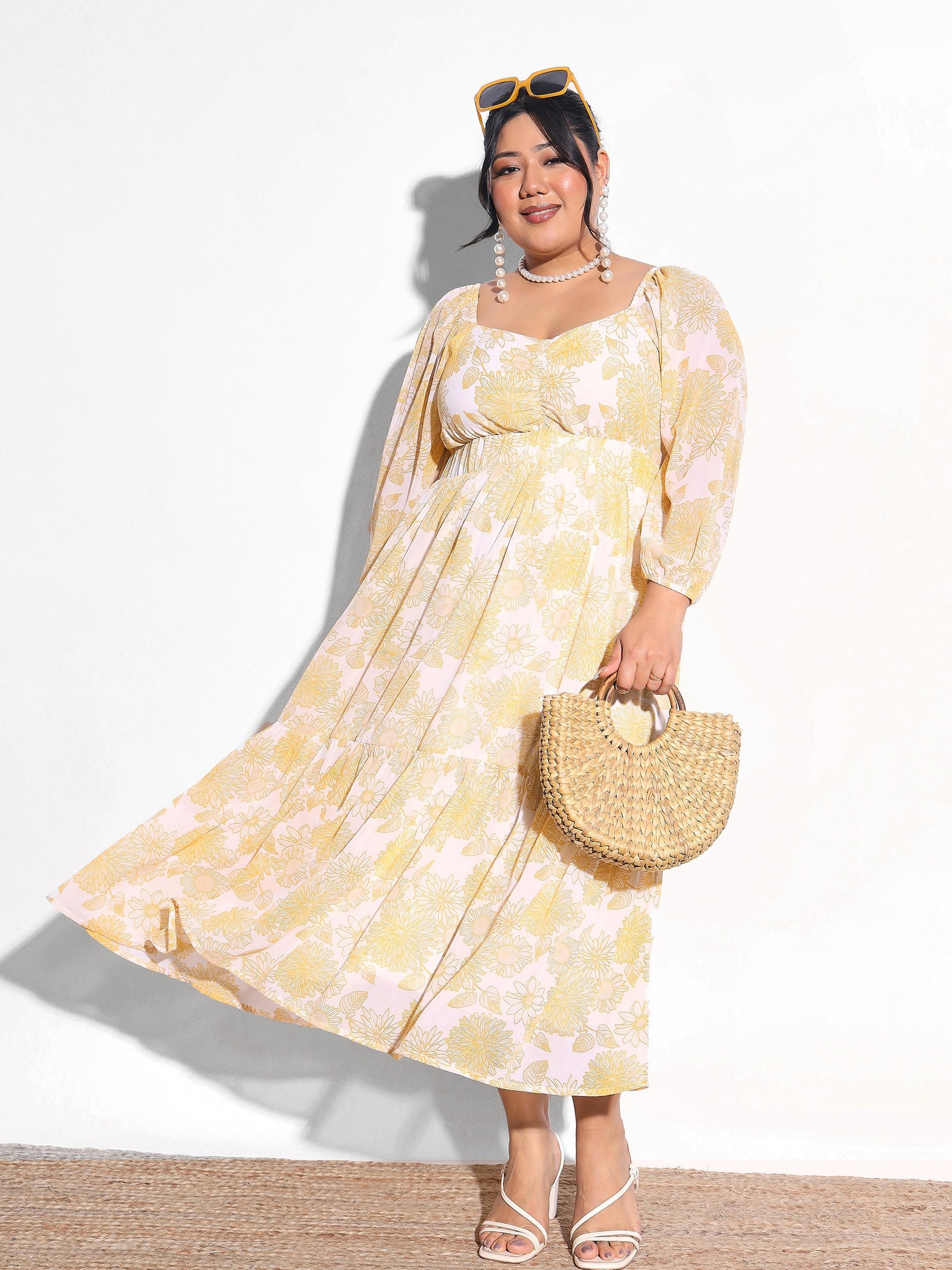 Yellow Floral Hem Tiered Midi Dress-SASSAFRAS Curve