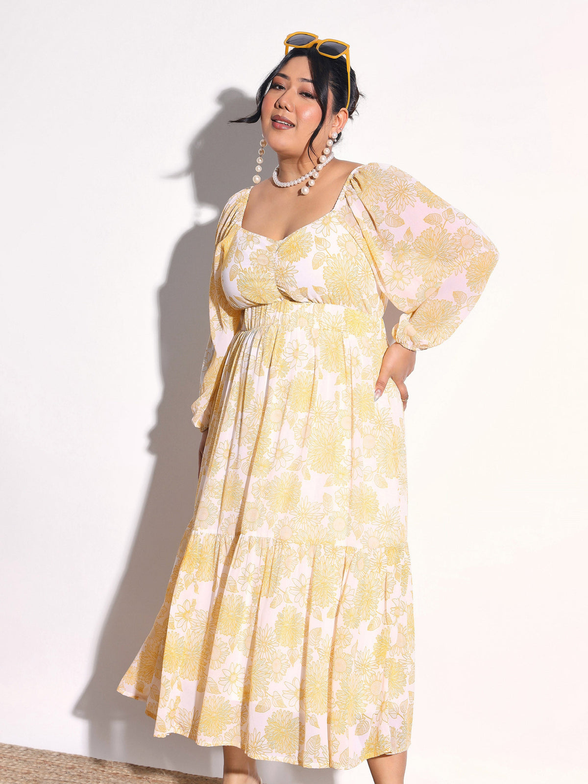 Yellow Floral Hem Tiered Midi Dress-SASSAFRAS Curve