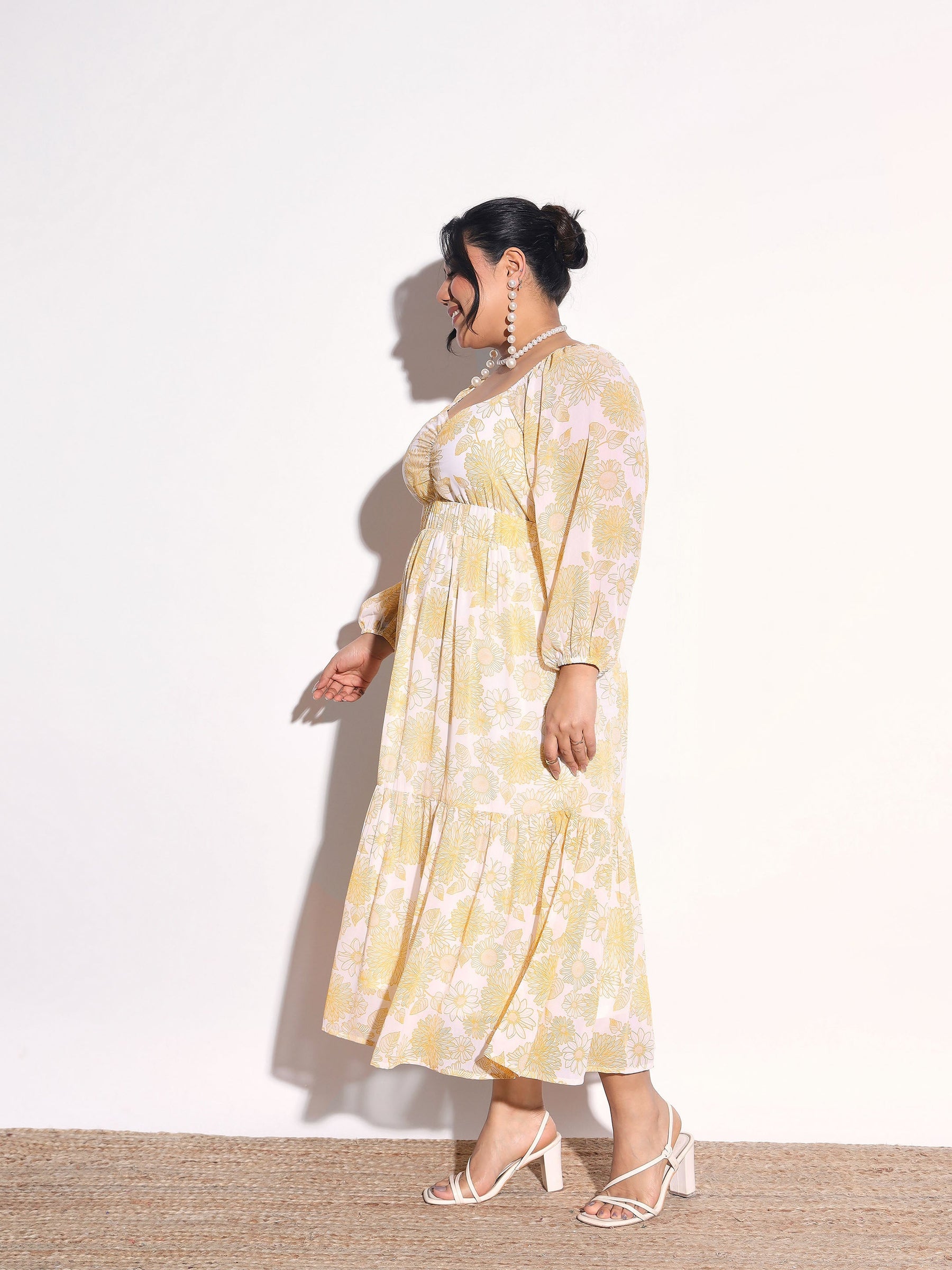 Yellow Floral Hem Tiered Midi Dress-SASSAFRAS Curve