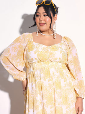 Yellow Floral Hem Tiered Midi Dress-SASSAFRAS Curve