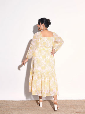 Yellow Floral Hem Tiered Midi Dress-SASSAFRAS Curve