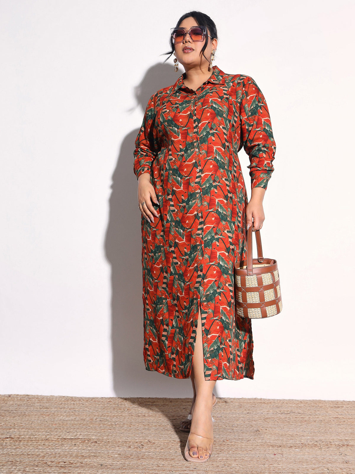 Rust Tropical Print Longline Shirt Dress-SASSAFRAS Curve