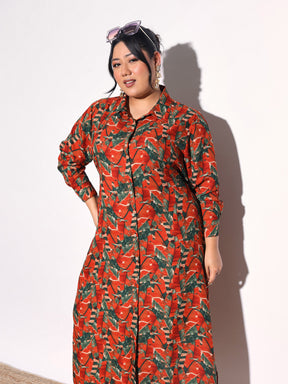 Rust Tropical Print Longline Shirt Dress-SASSAFRAS Curve