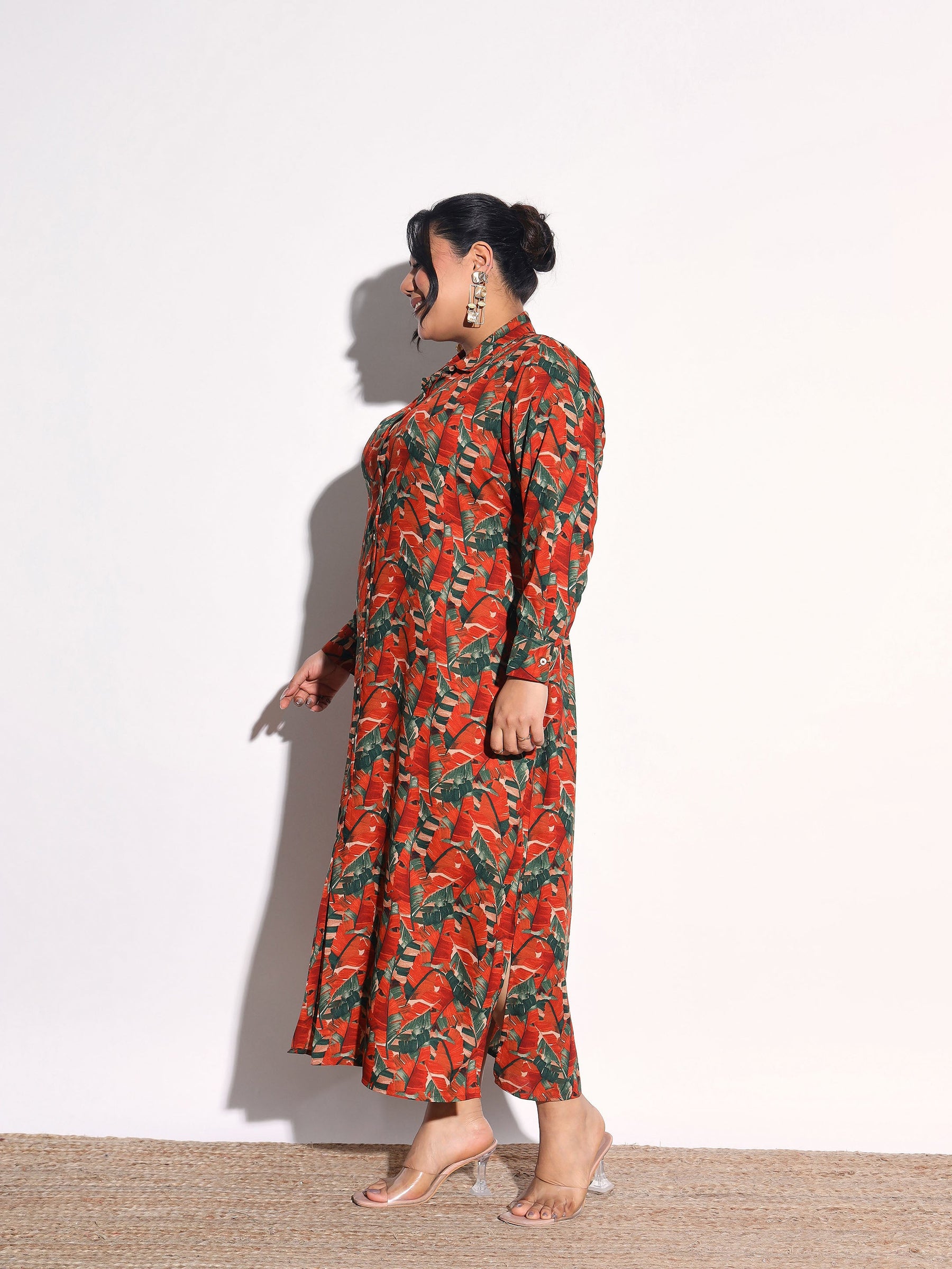 Rust Tropical Print Longline Shirt Dress-SASSAFRAS Curve