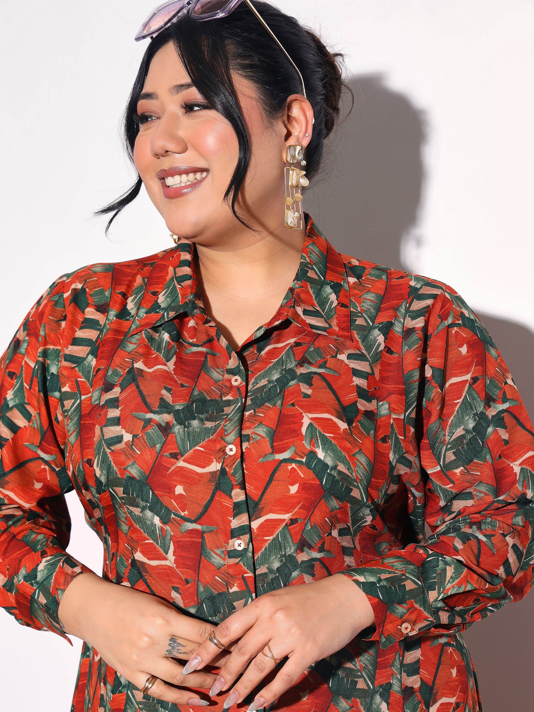 Rust Tropical Print Longline Shirt Dress-SASSAFRAS Curve