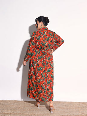 Rust Tropical Print Longline Shirt Dress-SASSAFRAS Curve