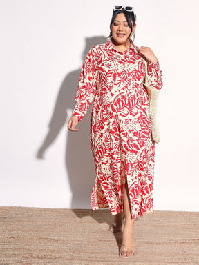 Red Floral Longline Shirt Dress-SASSAFRAS Curve