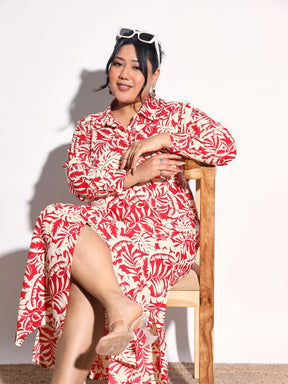 Red Floral Longline Shirt Dress-SASSAFRAS Curve