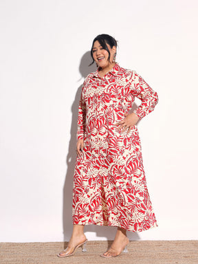 Red Floral Longline Shirt Dress-SASSAFRAS Curve