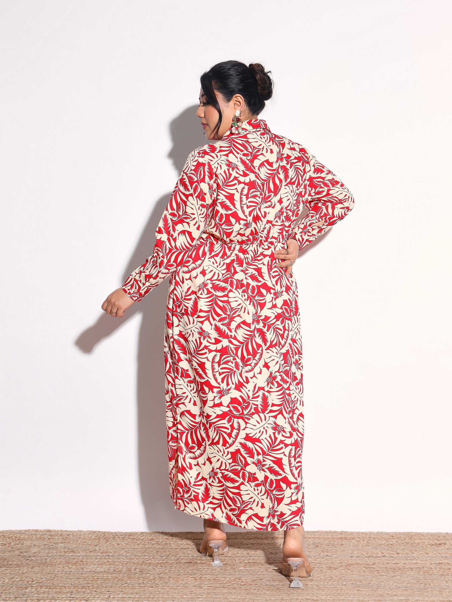 Red Floral Longline Shirt Dress-SASSAFRAS Curve