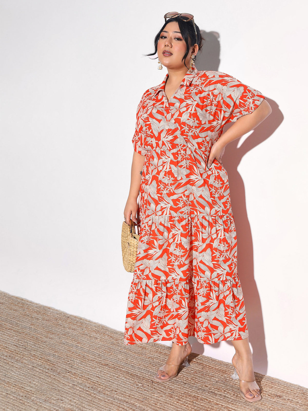 Orange Floral Wrap Tiered Midi Dress-SASSAFRAS Curve